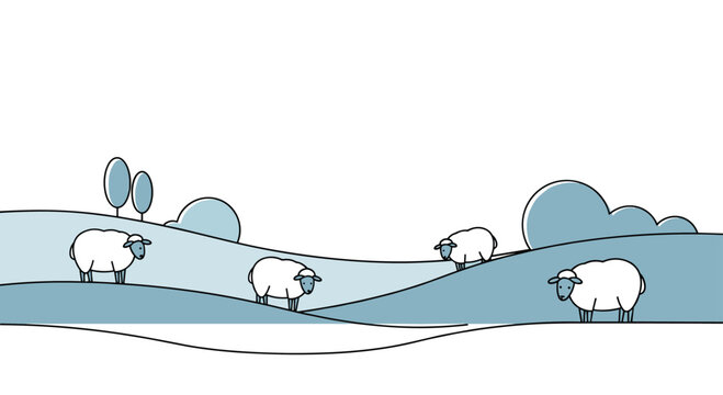 Peaceful minimalist landscape featuring white sheep grazing on blue rolling hills under a vast clear sky in a simple line art style.