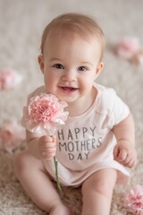 Mothers Day, Valentines Day, love holiday theme. A baby girl sitting on a carpet, holding a pink carnation in her hand and wearing a Happy Mothers Day tshirt. The background is slightly blurred.