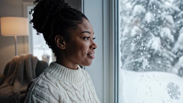 Young woman gazing thoughtfully snowy window wearing cozy sweater ind