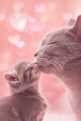 Mothers Day, Valentines Day, love holiday theme. A mother cat and her kitten sharing a tender moment of affection against a pink background adorned with heartshaped bokeh.