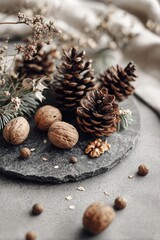 A rustic winter arrangement with pine cones, walnuts and dried flowers on a dark slate platter. Concept Rustic winter centerpiece with pine cones and walnuts