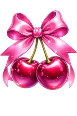 Fototapeta premium Two shiny red cherries with pink bow on stem isolated on transparent background