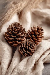 Three pinecones on a soft beige fabric, creating a cozy rustic fall vibe. Concept Cozy fall decor, Rustic textures, Pinecone still life, Neutral beige palette, Autumn vignette