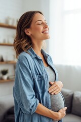 Mothers Day, Valentines Day, love holiday theme. A woman in a denim shirt standing in a living room, gazing upward at her pregnant belly with a contented smile. The room is decorated with a sofa.