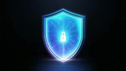 Rising light forming holographic shield stabilizing above base in dark void padlock pulsing locking