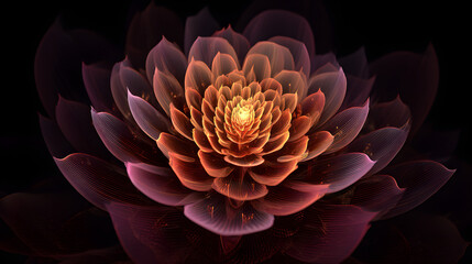 Vibrant orange and purple lotus flower closeup with glowing center on dark background, abstract floral pattern, nature photography