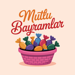 Mutlu bayramlar greeting card illustration with a colorful basket of candies
