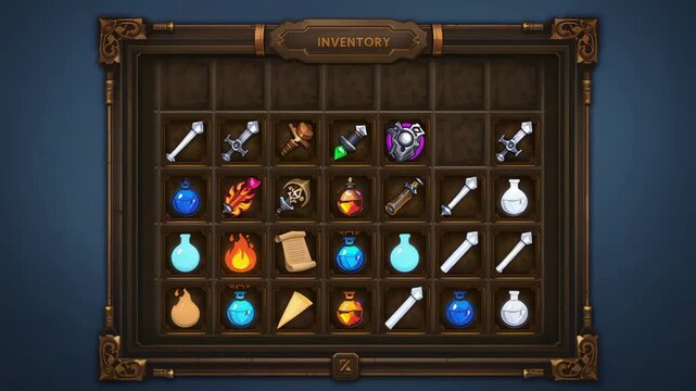Opening inventory frame labeled INVENTORY revealing items in game UI showing swords potions rods