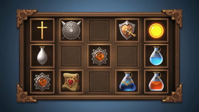 Showing wooden 3x5 board filling with icons in game UI, animation spawning medallion, gem, potions