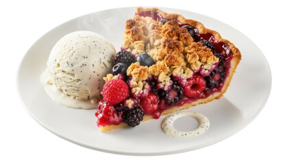 Slice of mixed berry pie with crumble topping and vanilla ice cream isolated PNG, delicious dessert...