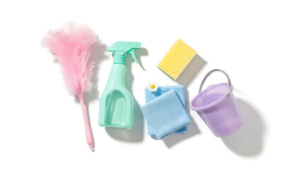 Cleaning Supplies Arrangement: A collection of vibrant cleaning supplies including a duster, spray bottle, sponge, microfiber cloth, and bucket, arranged neatly.
