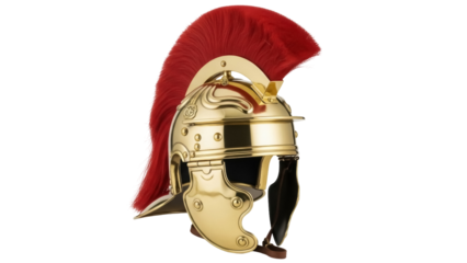 Roman Centurion helmet isolated PNG, gold-colored ancient military headgear with red plume on transparent background, historical artifact