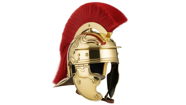 Roman Centurion helmet isolated PNG, gold-colored ancient military headgear with red plume on transparent background, historical artifact