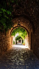 Fototapeta premium Historic stone archway with lush greenery in a serene outdoor setting
