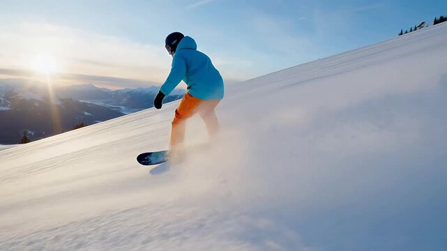Snowboarder descending snowy mountain slope
