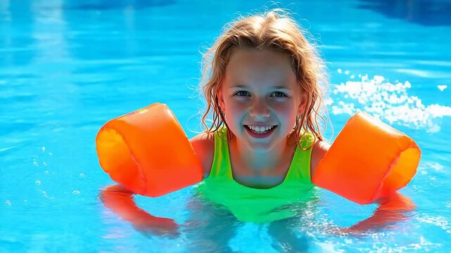 Young girl swimming with floaties