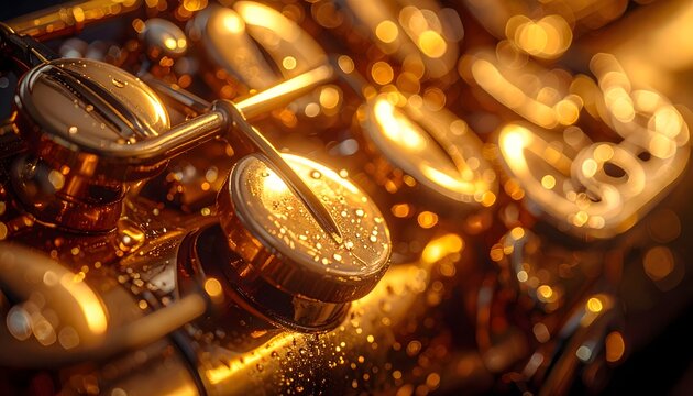 Detalle art&iacute;stico de saxof&oacute;n dorado con llaves brillantes y fondo bokeh c&aacute;lido