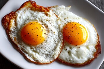 Close up of two fried eggs with sunny side up yolks seasoned with black pepper on a white ceramic plate