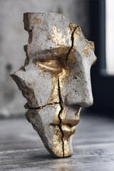 A shattered concrete sculpture of a face with gold leaf highlights along the cracks. Concept Shattered concrete face sculpture with gold leaf cracks