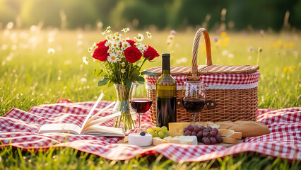 Picnic Delight in Sunshine: A charming picnic scene unfolds on a checkered blanket, showcasing a basket of delicacies, a bouquet, and wine glasses, all set amidst a sun-kissed meadow.