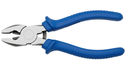 Blue handled pliers isolated PNG on transparent background, metal tool for gripping and cutting wires in electrical and construction work