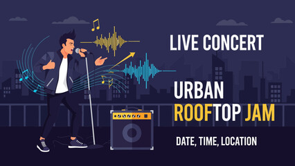 Energetic Singer Performing Live At Urban Rooftop Concert Event Promotion