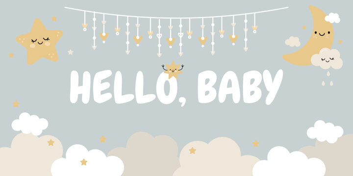 A cute banner to congratulate someone on the birth of their baby. A horizontal banner with clouds, stars, and the moon. Children's holiday