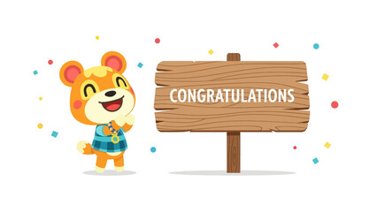 Excited Animal Character Congratulates With a Wooden Sign for Festive Moments