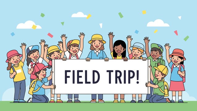 Excited School Children On Field Trip Holding Banner Enjoying Educational Outing