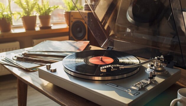 A vintage record player with a vinyl album spinning in a cozy, sunlit room, evoking nostalgia and relaxation for music lovers, home decor and entertainment.