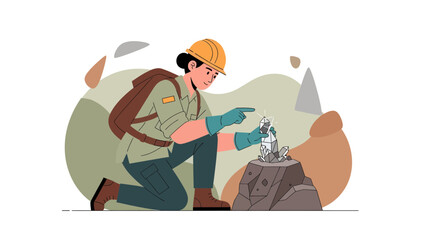 Female Geologist Examining Newly Discovered Crystal Formation In Remote Location