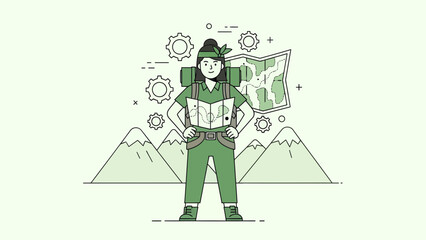 Female Hiker Exploring Mountains With Map and Gears For Adventure Planning