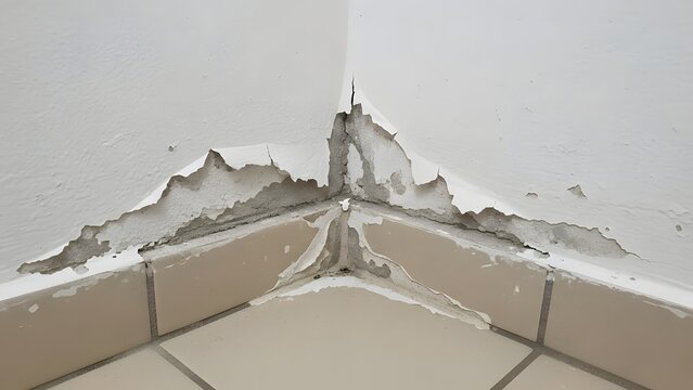 Damaged white corner wall with peeling paint and exposed tiles in indoor setting