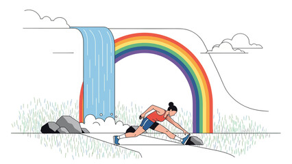 Female Runner Stretching Near Scenic Waterfall And Rainbow Background Illustration