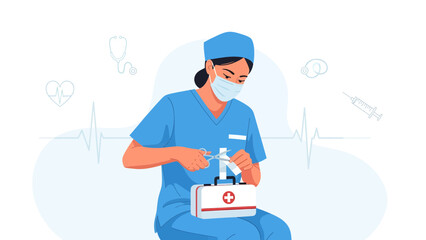 Female Paramedic Cutting Bandage From First Aid Kit In Medical Setting