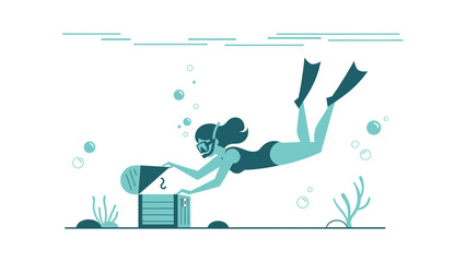 Female Scuba Diver Finding a Lost Treasure Chest Underwater Adventure