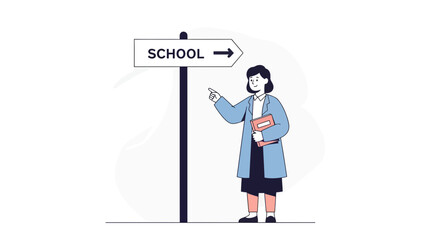 Female Teacher Directing Students Toward School Education Guidance Illustration