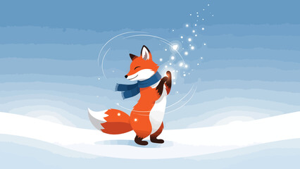Festive Fox Character In Winter Landscape Celebrating With Magical Sparks