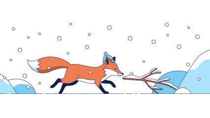 Festive Fox Running Through Winter Landscape in Linear Style Illustration