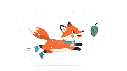 Festive Fox Chasing Pinecone In Winter Holiday Season Joyful Animal Illustration