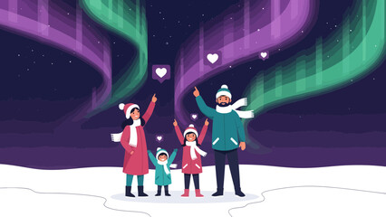 Obraz premium Family Enjoying The Northern Lights Together In A Winter Wonderland Scene
