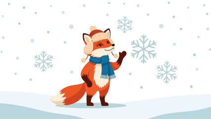 Festive Fox Enjoying Snowfall In Winter Wonderland Cartoon Illustration Scene