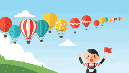 Festive Hot Air Balloons With Cheerful Boy Celebrating Outdoor Adventure