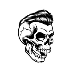 Obraz premium A detailed black and white hipster skull with slick pompadour hair, cracked bone texture, and wide grin is centered on a clean white background in tattoo style.