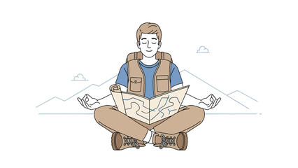 Finding Inner Peace Traveler Meditating with a Map Amidst Scenic Mountains