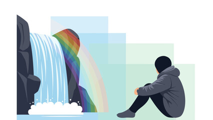 Finding Peace: Solitude Amidst The Rainbow Waterfall's Serene Beauty And Self Reflection