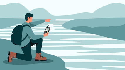 Finding The Way Young Man Exploring A Natural Scenery Holding A Navigation Device