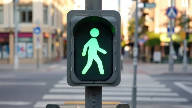 Green pedestrian walking signal on crosswalk traffic light near urban street