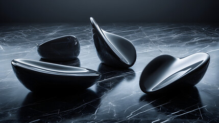 Modern black stone or metal abstract shapes on marble surface, sleek minimalist design elements for luxury branding and high-end product display