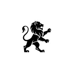 Fototapeta premium A bold heraldic lion silhouette stands on its hind legs with flowing mane, curved tail, and raised claws, drawn in classic medieval emblem style on a white background.